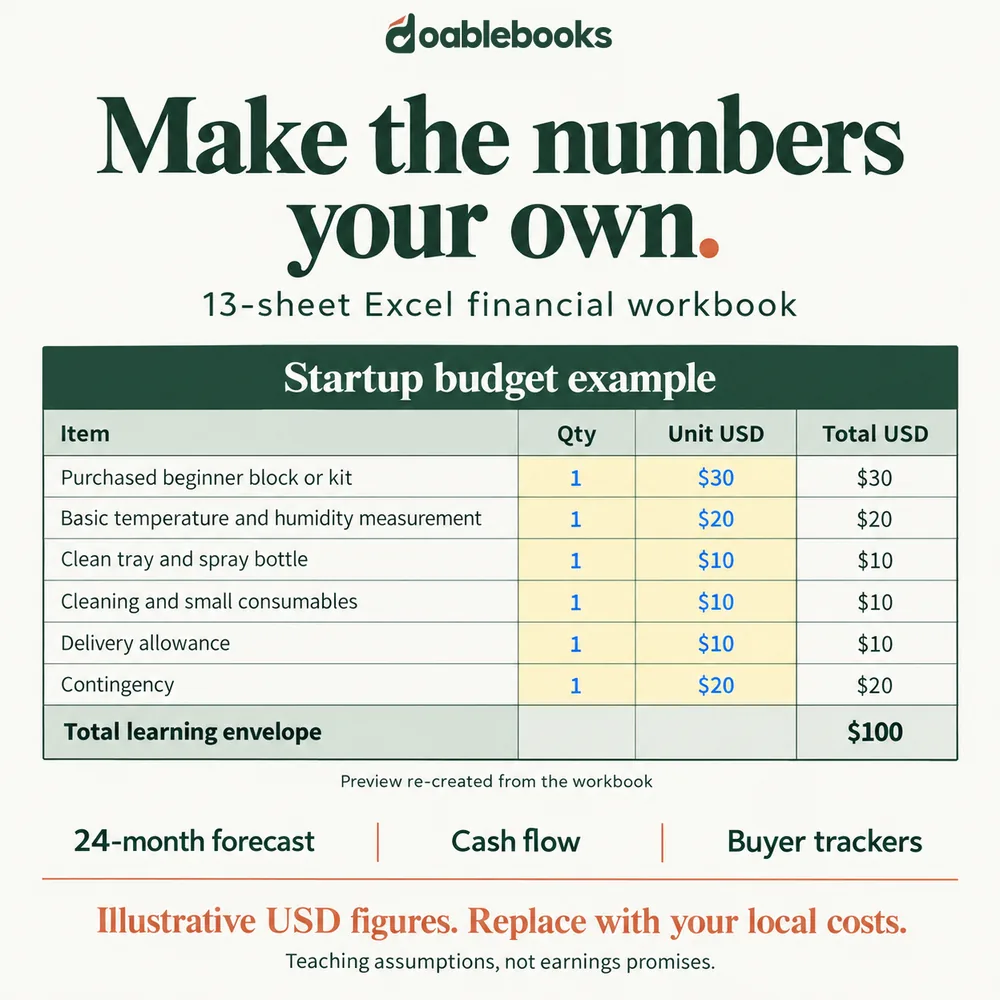 Re-created startup budget preview with illustrative USD costs; replace the figures with your own local costs
